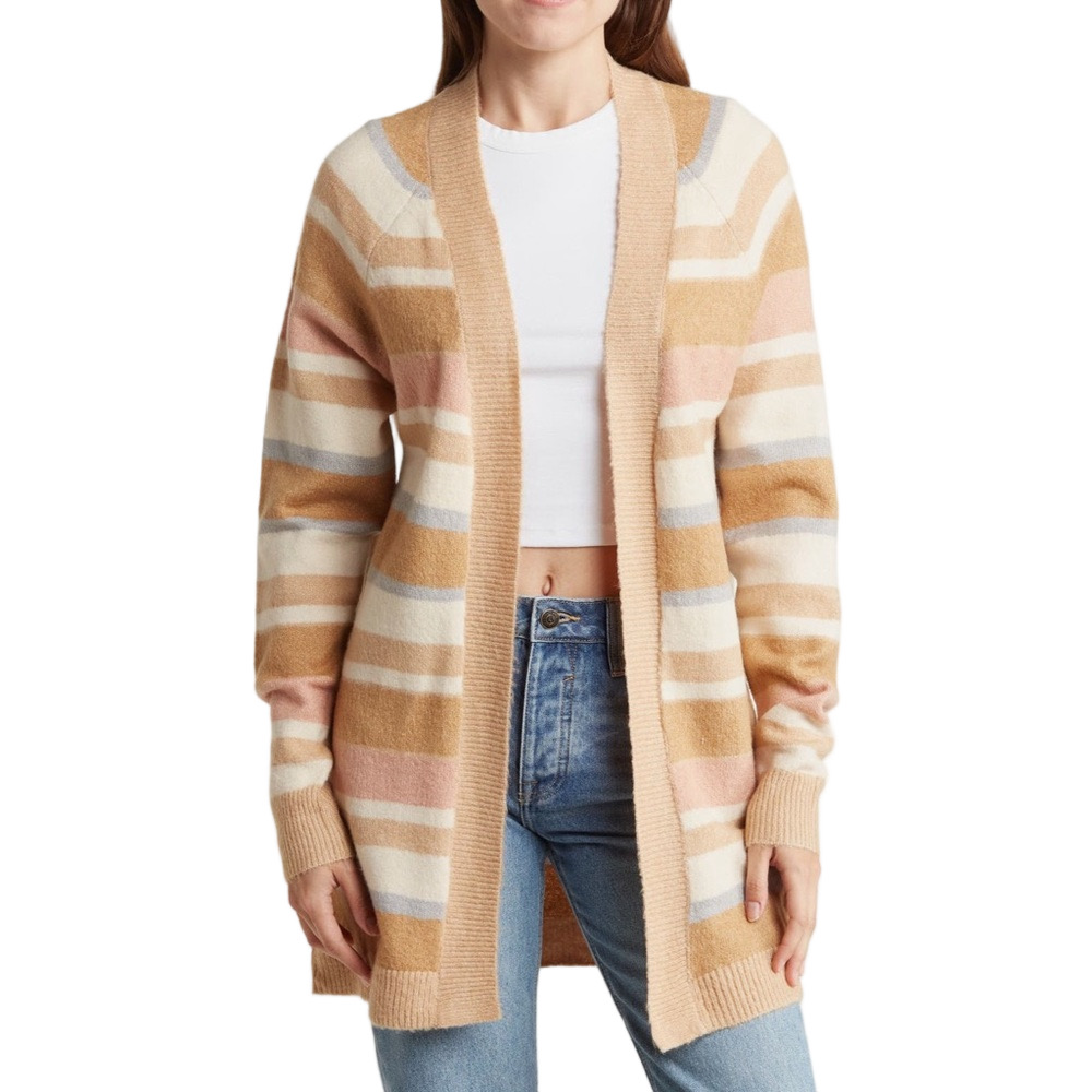Cotton Emporium Beige Multi Stripe Open Front Long Cardigan Sweater - Sz M, NWT